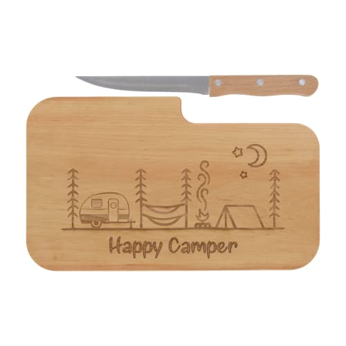 LASERHELD | Brotzeitbrett Holz mit Gravur “Happy Camper” & Messer | 26 x 15 cm | Frühstücksbrettchen Holz Schneidebrett Jausenbrett | Geschenk für Camper und Camping von LASERHELD