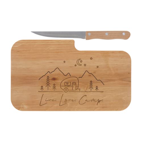 LASERHELD | Brotzeitbrett Holz mit Gravur “Live Love Camp” & Messer | 26 x 15 cm | Frühstücksbrettchen Holz Schneidebrett Jausenbrett | Geschenk für Camper und Camping von LASERHELD