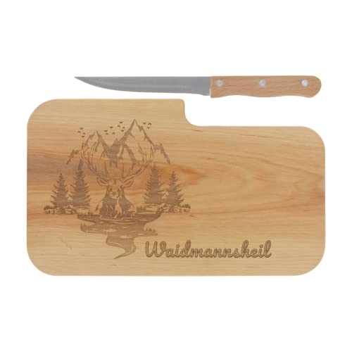 LASERHELD | Brotzeitbrett Holz mit Gravur “Waidmannsheil” & Messer | 26 x 15 cm | Frühstücksbrettchen Holz Schneidebrett Jausenbrett | Geschenk für Jäger zum Vatertag Vatertagsgeschenk von LASERHELD