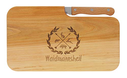 LASERHELD | Brotzeitbrett Holz mit Gravur “Waidmannsheil” & Messer | 26 x 15 cm | Frühstücksbrettchen Holz Schneidebrett Jausenbrett | Geschenk für Jäger zum Vatertag Vatertagsgeschenk… von LASERHELD