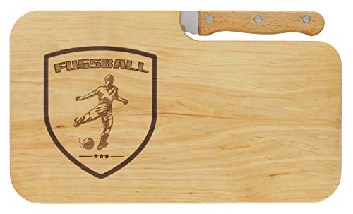 LASERHELD | Brotzeitbrett Holz mit Gravur “Fussball” & Messer | 26 x 15 cm | Frühstücksbrettchen Holz Schneidebrett Jausenbrett | Geschenk für Fußballer zum Vatertag von LASERHELD