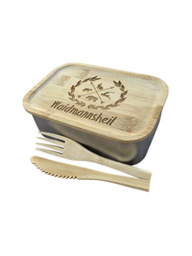 LASERHELD Edelstahl Lunchbox mit Holzdeckel, Besteck, Gummidichtung und Gravur - Jausendose Jausenbox Vesperdose Frühstücksbox Brotdose Brotzeitdose (WAIDMANNSHEIL) von LASERHELD