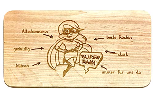 LASERHELD | Brotzeitbrett Holz mit Gravur “Super-Mama” | 22 x 12 cm | Frühstücksbrettchen Holz Schneidebrett Jausenbrett | Geschenk für Frauen Mama Muttertag von LASERHELD