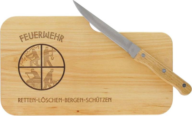 LASERHELD Schneidebrett Schneidebrett · Brotzeitbrett mit Messer und Gravur · FEUERWEHR, aus massivem FSC® Erlenholz von LASERHELD