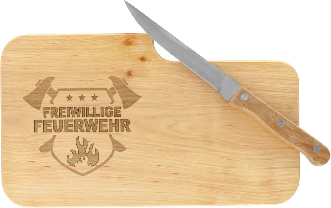 LASERHELD Schneidebrett Schneidebrett · Brotzeitbrett mit Messer und Gravur · FEUERWEHR, aus massivem FSC® Erlenholz von LASERHELD