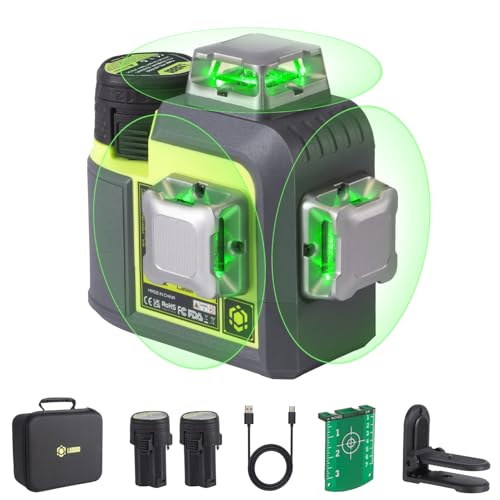 LasGoo 3D-RS12 Laser-Nivelliergerät: 3x360° grüner Strahl, selbstnivellierend, ideal für Bau und Bilderaufhängung. Mit 2 wiederaufladbaren 11.1V-Batterien, magnetischem Ständer und Type-C-Kabel von LASGOO