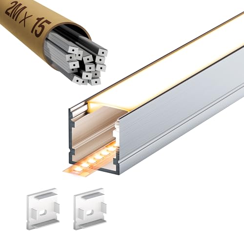 15 x LED Profil Schiene Weiß 2m, U-Form 20 x 20 mm für LED Strip bis 15.4mm, mit Zubehör von LASLUX