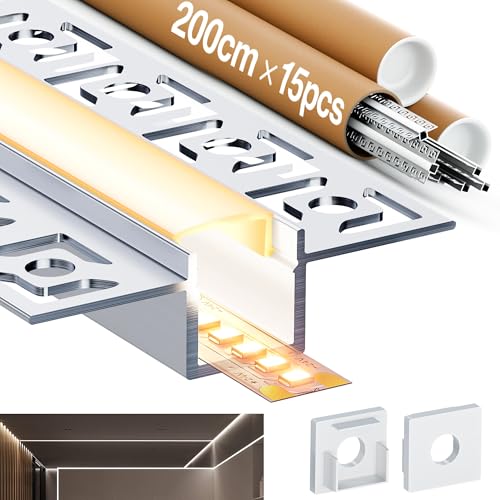 15 x Trockenbauprofil 2M, Aluminium Profil für LED Strip, Schiene Unterputz, Kanal und Diffusor Aufputz für Indirekte Beleuchtung Decke (SP46 2M, 15) von LASLUX
