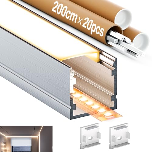 20x 2 Meter LED Profile (Total 40m) für LED Streifen, Aluminium Profil für die Montage an der Oberfläche oder unter Putz, Max. LED Streifen 15.4 mm - Größe 20 x 20mm von LASLUX