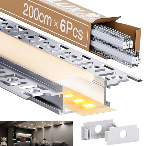 LASLUX 6 x LED Trockenbauprofil 2M Aluminium Profil für Strip Schiene Unterputz Kanal und Diffusor Aufputz für Indirekte Beleuchtung Decker (LED Drywall Profile -2M, 6) von LASLUX