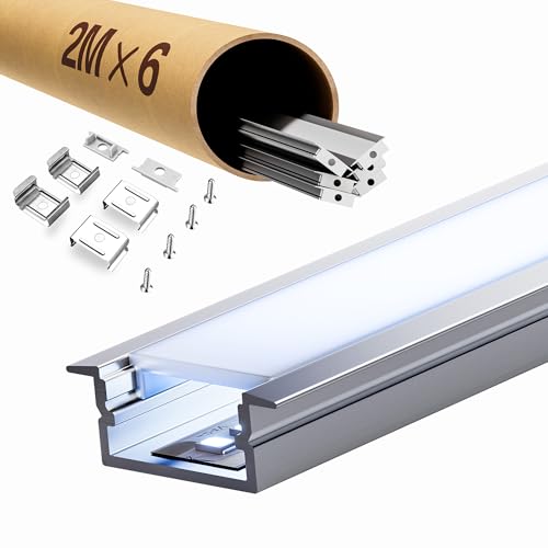6 x LED Profil Schiene Weiß 2m, U-Form 26,7 x 10 mm für LED Strip 16.7mm, mit Abdeckung von LASLUX