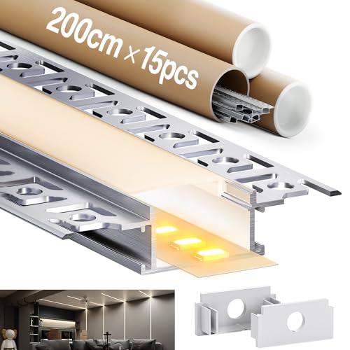 LASLUX 15 x LED Aluminium Profil für Trockenbau 2 m (30 m) mit Halbdurchsichtiger LED Diffusor für Streifen bis 20 mm Maße: 64,2 x 13,8 mm von LASLUX