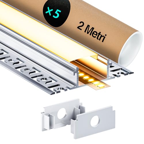 LASLUX 5 x LED Profil Aluminium 2 m (10 m) Schiene für Trockenbau, geeignet für LED Streifen bis 20 mm Breite oder zwei LED Stripes, Maße: 61,8 x 13,8 mm, für Fliesen, Holzpaneele, Gipskarton von LASLUX