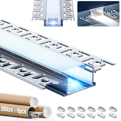 LASLUX 6 x LED Aluminium Profil 2m (12m) Led Trockenbau Profil led fliesenprofil für als 20 mm oder Dual Led Streifen Leisten with Milchig Weißer Abdeckung Endkappen - 61,8 x 13.8 mm von LASLUX