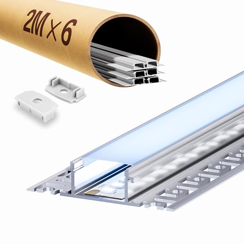 LASLUX 6x LED Fliesenprofil 2M, LED Trockenbauprofil 2M Aluminium Profil Schiene Unterputz Kanal und Diffusor Aufputz für Indirekte Beleuchtung Decke von LASLUX