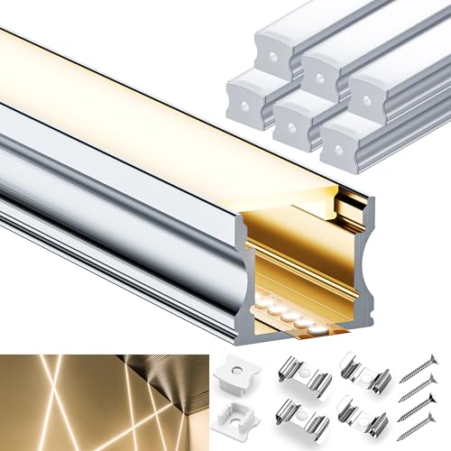LASLUX 6x2m U-förmiges led aluprofil mit 6 milchigen led strip schiene Abdeckungen inklusive Endkappen und rostfreien Edelstahl-Montageclips für indirekte Beleuchtung mit led schienen System von LASLUX