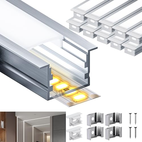 LASLUX Einbau LED Aluminium Profil 10 x 2 m (20m) für LED-Streifen U-Form Aluminiumprofil mit mattweißer PC-Abdeckung und Montagezubehör 2000 × 27,2 × 15 mm von LASLUX