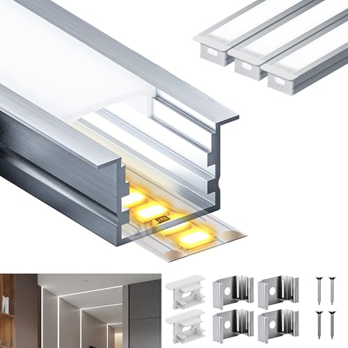 LASLUX Einbau LED Aluminium Profil 3 x 2 m (6 m) für LED-Streifen U-Form Aluminiumprofil mit mattweißer PC-Abdeckung und Montagezubehör 2000 × 27,2 × 15 mm von LASLUX