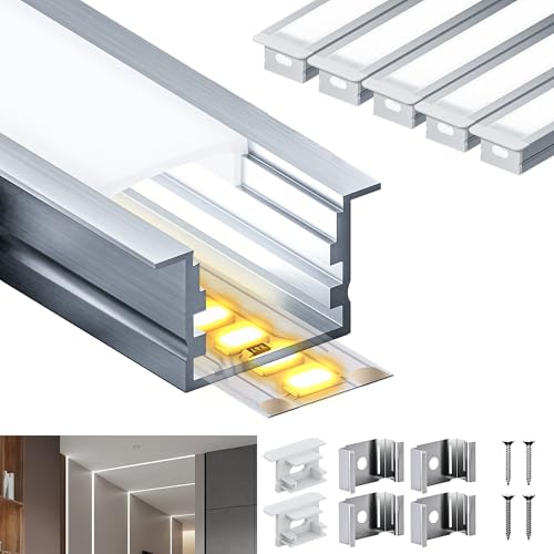 LASLUX Einbau LED Aluminium Profil 5 x 2 m (10 m) für LED-Streifen U-Form Aluminiumprofil mit mattweißer PC-Abdeckung und Montagezubehör 2000 × 27,2 × 15 mm von LASLUX
