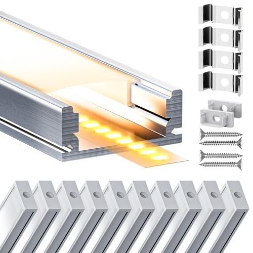 LASLUX LED Aluminium Profil 10 x 2m(20m) Aluminium Oberflächenprofil für LED Streifen bis 12 mm Breite mit milchweißer PC Abdeckung und Zubehörset(SP26) von LASLUX