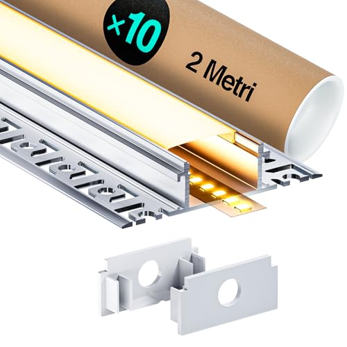 LASLUX LED Aluminium Profil 10 x 2m(20m) Aluminium Trockenbauprofil für LED Streifen bis 20 mm Breite mit milchweißer PC-Abdeckung und Zubehörset(SP45) von LASLUX