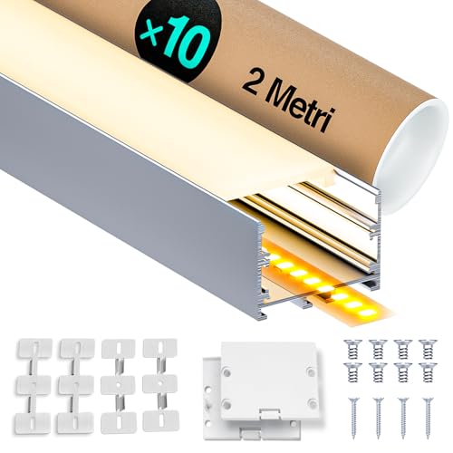 LASLUX LED Aluminium Profil 10 x 2m(20m) zur Aufhängung oder Oberflächenmontage für LED Streifen bis 40 mm Breite mit milchweißer PC Abdeckung und Zubehörset(SP42) von LASLUX