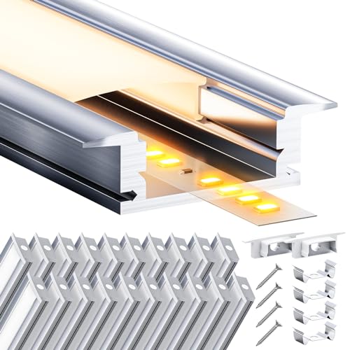 LASLUX LED Aluminium Profil 20 x 2m(40m) Aluminium Einbauprofil für LED Streifen bis 12 mm Breite mit milchweißer PC Abdeckung und Zubehörset(SP27) von LASLUX