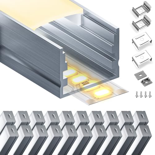 LASLUX LED Aluminium Profil 20 x 2m(40m) Aluminium Oberflächenprofil für LED Streifen bis 15 mm Breite mit milchweißer PC Abdeckung und Zubehörset(SP24) von LASLUX
