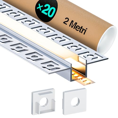 LASLUX LED Aluminium Profil 20 x 2m(40m) Aluminium Trockenbauprofil für LED Streifen bis 12 mm Breite mit milchweißer PC-Abdeckung und Zubehörset(SP46) von LASLUX