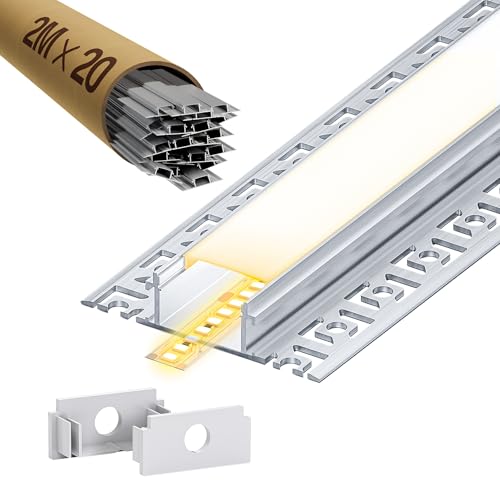 LASLUX LED Aluminium Profil 20 x 2m(40m) Aluminium Trockenbauprofil für LED Streifen bis 20 mm Breite mit milchweißer PC-Abdeckung und Zubehörset(SP45) von LASLUX