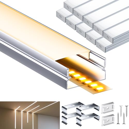 LASLUX LED Aluminium Profil 2m x 10pcs (20m), U-Schiene Aluprofil Mit Milchiger Abdeckung, Endkappen Und Montagehalterung, Metall Befestigungs Clips von LASLUX