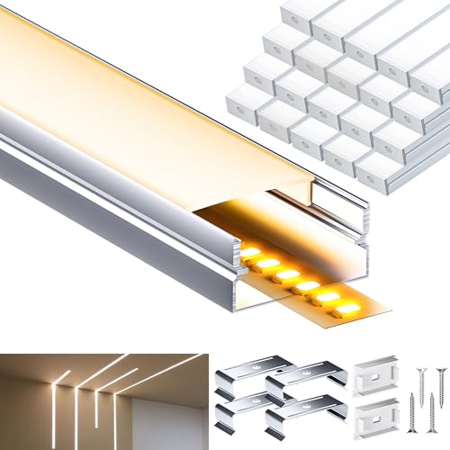 LASLUX LED Aluminium Profil 2m x 20pcs(40m), LED Schiene U Profil Aluprofil für LED, Aluminium mit Milchiger Abdeckung, Endkappen und Montagehalterung, Metall Befestigungs Clips von LASLUX