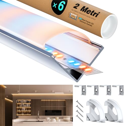 LASLUX LED Aluminium Profil 6 x 2m(12m) Aluminium Eckprofil für LED Streifen bis 10 mm Breite mit milchweißer PC-Abdeckung und Zubehörset(SP30) von LASLUX