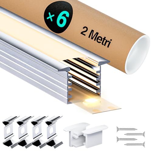 LASLUX LED Aluminium Profil 6 x 2m(12m) Aluminium Einbauprofil für LED Streifen bis 10 mm Breite mit milchweißer PC Abdeckung und Zubehörset(SP29) von LASLUX