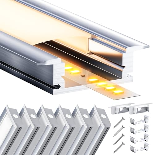 LASLUX LED Aluminium Profil 6 x 2m(12m) Aluminium Einbauprofil für LED Streifen bis 12 mm Breite mit milchweißer PC Abdeckung und Zubehörset(SP27) von LASLUX