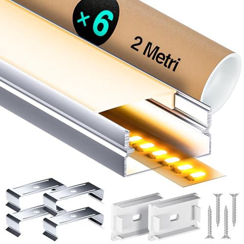 LASLUX LED Aluminium Profil 6 x 2m(12m) Aluminium Oberflächenprofil für LED Streifen bis 15 mm Breite mit milchweißer PC Abdeckung und Zubehörset(SP58) von LASLUX