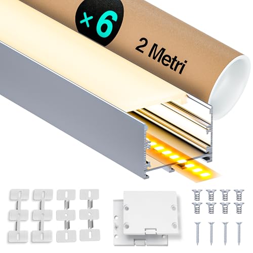 LASLUX LED Aluminium Profil 6 x 2m(12m) zur Aufhängung oder Oberflächenmontage für LED Streifen bis 40 mm Breite mit milchweißer PC Abdeckung und Zubehörset(SP42) von LASLUX