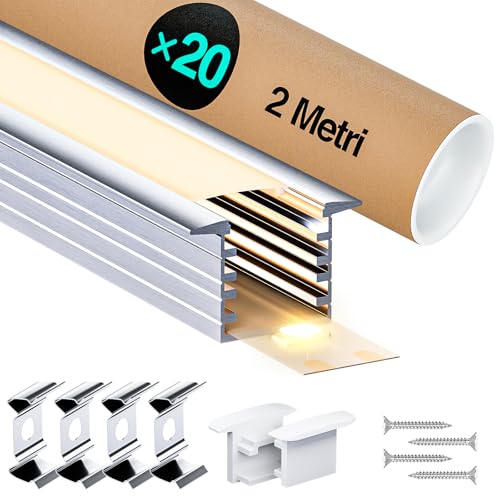 LASLUX LED Profil 20× 2M(40m), LED Aluminium Profil U-Form mit Abdeckung, Endkappen und Montageclips für LED-Streifen-Lichter L2000*22 * 14,27mm von LASLUX