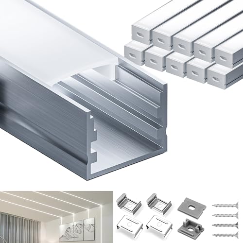 LASLUX LED Schiene Profil Aluminum 10 × 2m(20m) LED-Aluminium Profil U Form mit Abdeckung, Endkappen und Montageclips für LED-Streifen-Lichter 2000 × 30 × 20 mm von LASLUX