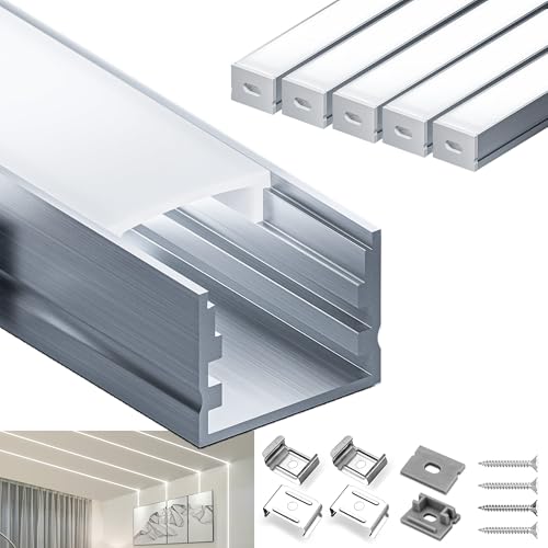 LASLUX LED Schiene Profil Aluminum -5 × 2m(10m) LED-Aluminium Profil U Form mit Abdeckung, Endkappen und Montageclips für LED-Streifen-Lichter 2000 × 30 × 20 mm von LASLUX