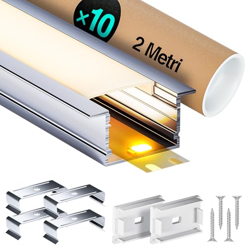LED Aluminium Profil 2m x 10 ( 20m ) Led Trockenbauprofil für Streifen bis 25 mm, Led Streifen/Led Liste/led profil, with Milchig Weißer Abdeckung - Endkappen und Montageclips - 2000 x 43 x 20 mm von LASLUX