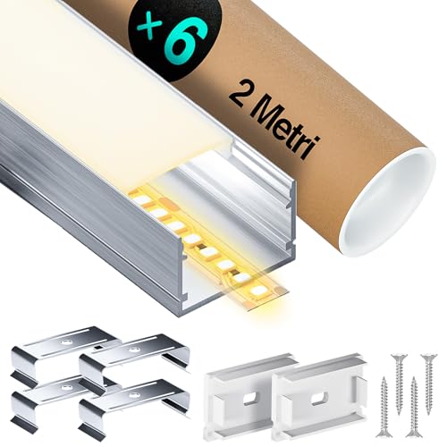 LED Aluminium Profil 2m x 6 (12m) für Streifen bis 25 mm, Led Streifen/Led Liste/led profil, Led Leiste Kanal with Milchig Weißer Abdeckung - Endkappen und Montageclips - 2000 x 30 x 20 mm von LASLUX