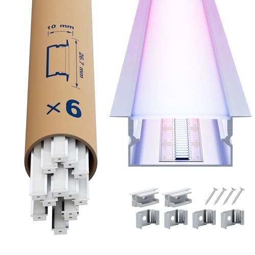 LED Aluminium Profil 6 × 2m – U-Form Aluprofil mit weißer Abdeckung – Alu Leiste für Lichtstreifen bis 16.7 mm - 26,7 x 10mm - Led Profile Schiene Kanäle Leiste Diffusor von LASLUX