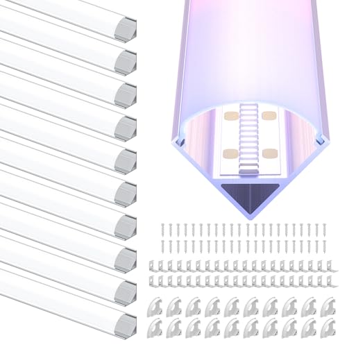 LED Eckprofil 1m x 10 – V-Form Aluprofil Profile 45 Grad mit Diffusor, Endkappen und Clips – LED Kanäle Leiste Diffusor Schiene für Streifen mit maximal 10 mm Breite von LASLUX