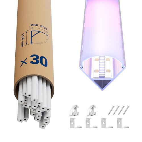 LED Eckprofil 2m × 30 – V-Form Aluprofil Profile 45 Grad mit Diffusor, Endkappen & Clips – LED Kanäle Leiste Diffusor Schiene für Streifen mit maximal 10.5 mm Breite von LASLUX