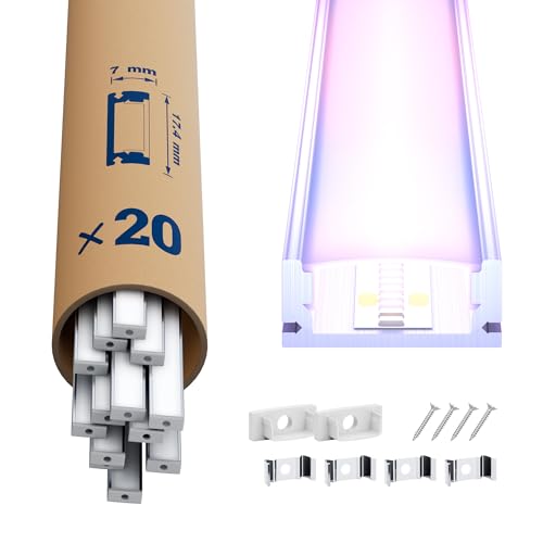LED Profil 20 × 2m – U-Form Aluprofil mit weißer Abdeckung, Endkappen & Montageclips – Alu Leiste für Lichtstreifen bis 12 mm – Led Profile Schiene Kanäle Leiste Diffusor von LASLUX