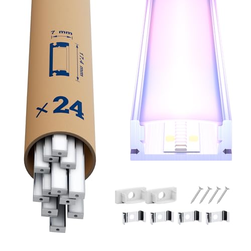LED Profil 24 × 2m – U-Form Aluprofil mit weißer Abdeckung, Endkappen & Montageclips – Alu Leiste für Lichtstreifen bis 12 mm – Led Profile Schiene Kanäle Leiste Diffusor von LASLUX
