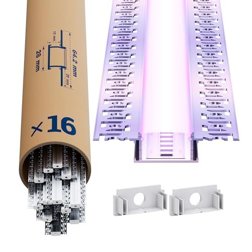 LED Trockenbauprofil 2m × 16 – Alu Unterputz Profil 28x13.8mm für Streifen bis 21mm – Led unterputz profil trockenbau Aluminium Profile Schiene Kanäle Leiste Diffusor mit Abdeckung & Clips von LASLUX