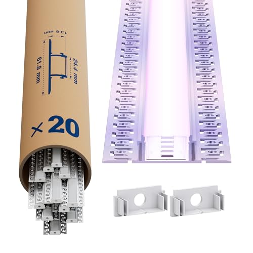 LED Trockenbauprofil 2m × 20 – Alu Unterputz Profil 24.4 x 13.8mm für Streifen bis 21mm – Led unterputz profil trockenbau Aluminium Profile Schiene Kanäle Leiste Diffusor mit Abdeckung & Clips von LASLUX