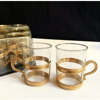 Vintage Set Von 6 Teetassen Aus Glas Mit Messing Montur "Nijhof, Copper Classics, Made in Holland von LASTWALLFLOWER